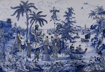 Plakett med ett Chinoiserie-landskap och förgyllda detaljer, ca 1680 (fajans)